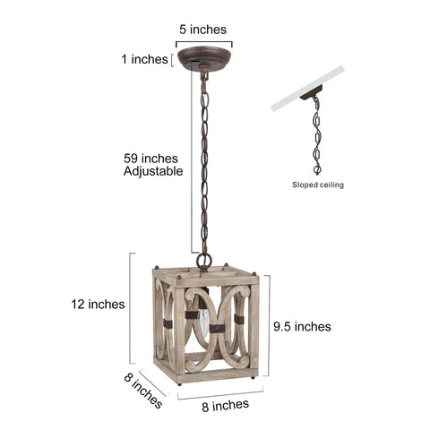 Farmhouse Wood Pendant Light With Geometric Cage Design For Dining Room And Kitchen Island Rustic Modern Farmhouse Pendant Lighting With Easy Install 8 Inch Length Ceiling Fixture For A Cozy Chic Home - Detailed dimensions with adjustable cord.