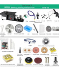 Heavy Duty Badass 1850W Portable Table Saw Station Built Tough For Knockout Jade Cutting Carving And Polishing Smooth All In One Multifunction Woodworking Power Tool With Five Piece Kit accessories including jade saw, grinding heads, and tools.