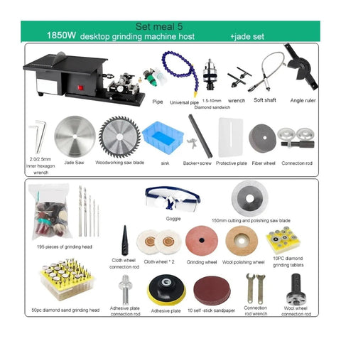 Heavy Duty Badass 1850W Portable Table Saw Station Built Tough For Knockout Jade Cutting Carving And Polishing Smooth All In One Multifunction Woodworking Power Tool With Five Piece Kit accessories including jade saw, grinding heads, and tools.