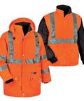 GloWear 8385 ANSI Class 3 High Visibility 4-in-1 Reflective Safety Jacket With Removable Sleeves Orange 4XL, Weatherproof 300D Oxford Shell, 3M Scotchlite 2-Inch Reflective Tape, Storm Front YKK Zipper