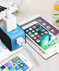 Universal Travel Adapter With Dual USB Fast Charge All In One International Power Converter for UK EU AU Asia in use on tablet