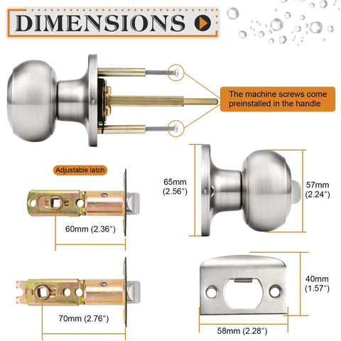 Brushed Nickel Interior Door Knobs Set For Bedroom And Bath Satin Ball Privacy Knobs No Key Needed Inside Thumb Turn Lock Easy Install Durable Stainless Steel 10 Pack, dimensions illustration