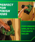 Person using Cordless 18V Brushless 15-Gauge Angled Finish Nailer Kit With 2.0Ah Battery for hardwood trim installation.