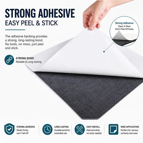 Hand showing Ultra Grippy Self Adhesive Rubber Pad Sheet Heavy Duty Non Slip Backing for easy peel and stick application.