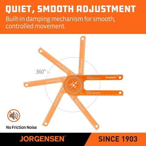 Jorgensen 7-inch aluminum miter saw protractor with laser-etched scales, orange multi-arm angle finder