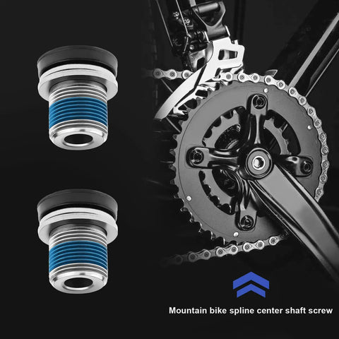 4 Pack Bicycle Crank Arm Bolts For E Bikes M15 ISIS Crank Screws Durable Steel Build With Plastic Seal No Crank Cap Required Compatible With Bosch And Brose E Bike Drives next to a bicycle crankset.