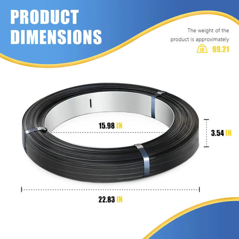 Real Beefy 1/2 Inch Steel Strapping Coil With 2900 Foot Length And.020 Thickness Featuring Wax Coated Metal Band, showing dimensions 15.98 in x 22.83 in.