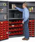 Level Up Your Shop Setup With This Heavy Duty Storage Cabinet Featuring Full Swing Roll Back Doors And 72 Bright Red Plastic Bins, organized tools visible.