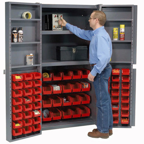 Level Up Your Shop Setup With This Heavy Duty Storage Cabinet Featuring Full Swing Roll Back Doors And 72 Bright Red Plastic Bins, organized tools visible.