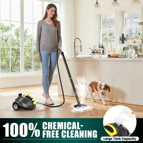 Woman using Multipurpose Steam Cleaner For Home Use With 275F High Temperature, 20 Accessories, 13 Ft Cord to clean kitchen floor