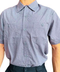 Men's Micro Check Short Sleeve Work Shirt, Heavy Duty Industrial Auto Mechanic Uniform, Stain Resistant Poly Cotton Blend, Dual Pockets Button Closure, Grease Monkey Ready Rock Solid Workwear, front view