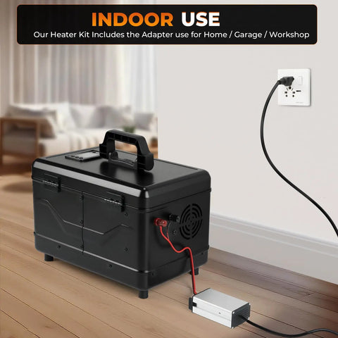 Portable Diesel Parking Heater 12V And 24V Dual Voltage 8Kw Heavy Duty Toolbox Design shown indoors with power adapter connected.