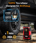 4 In 1 Jump Starter With Air Compressor And Tire Inflator shown inflating a tire, highlighting 160 PSI capacity for RV or pickup