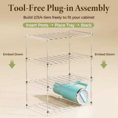 Stackable Water Bottle Organizer Rack for Cabinet Storage with Multi Tier Tumbler Holder and Anti Slip Grooves tool-free assembly