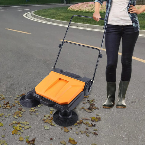 Heavy Duty 26 Inch Walk Behind Floor Sweeper With Foldable Handle And Sturdy Nylon Brushes For Durable Home Garage Cleaning Use No Electricity Needed Easy Maneuver Sweep