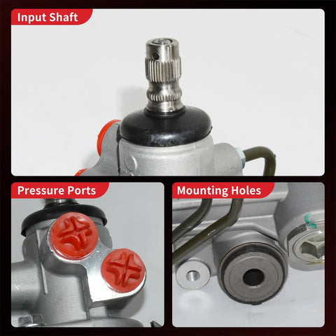 Close-up of hydraulic power steering rack input shaft, pressure ports, and mounting holes for Toyota 4Runner, FJ Cruiser, Lexus GX470 2003-2009.