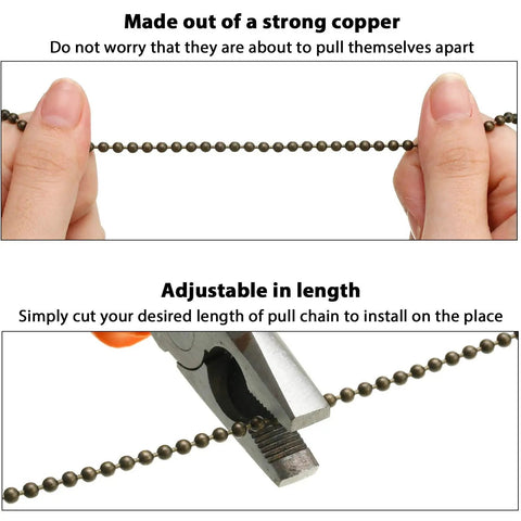 Close-up of hands holding Four Piece Walnut Wood Ceiling Fan Chain Pull Extensions, 13.8 Inch Long, with pliers cutting chain