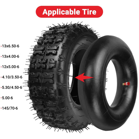 13x5.00-6 Inner Tube Replacement For Razor Dirt Quad And Small Go Karts Lawn Mowers Yard Tractors And ATVs next to a tire