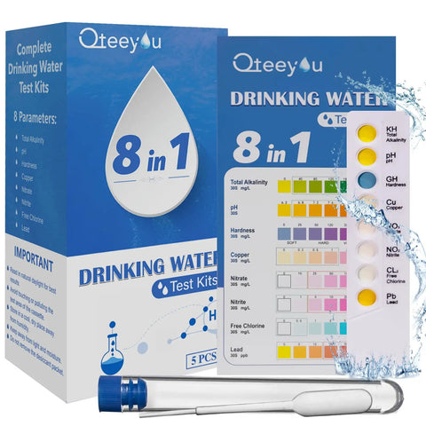 8 In 1 Home Water Testing Kit For Tap And Well Water Detect Lead, pH, Alkalinity, Hardness, Copper, Nitrate, Nitrite, And Chlorine, Includes 5 Independent Bags For Easy Sampling And Accurate Results box and test strips