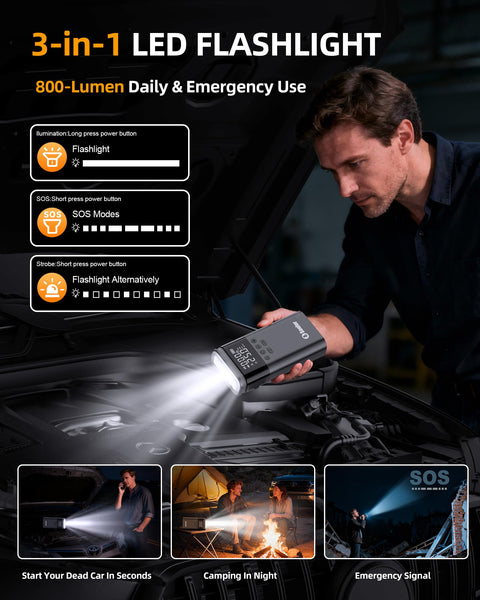 Man using Beefy 6000A Jump Starter With Air Compressor For Cars And 14L Diesel Engines LED light under car hood
