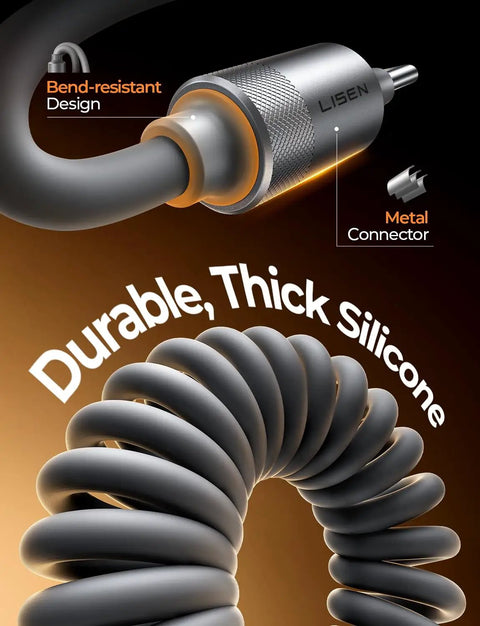 Close-up of bend-resistant, metal connector on Durable USB A to USB C Cable Set for CarPlay and Android Auto, 2 Pack Coiled Cord