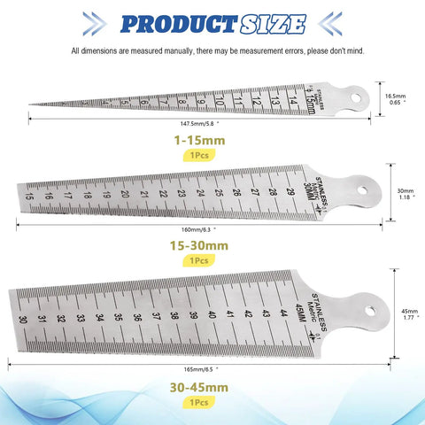 Three Piece Inch And Metric Taper Gauge Set For Welding And Bore Sizing In Stainless Steel With Imperial And Metric Scales For Quick Accurate Measurement Of Cylindrical Holes 1 to 15mm 15 to 30mm 30 to 45mm Diy Friendly Pro Grade