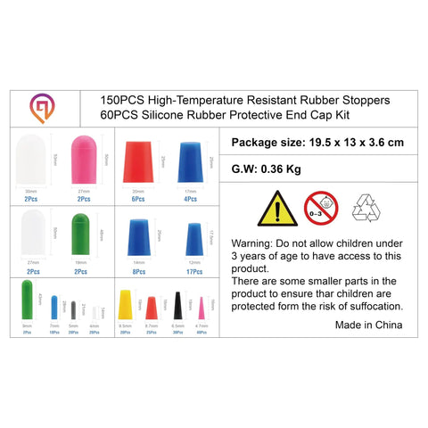 High Temp Silicone Rubber Tapered Plug Kit With 150 And 60 End Caps For Masking Off Holes In Painting And Coating Projects Fits One Sixteenth To Three Quarter Inch Holes For Spray Work And DIY Jobs packaging dimensions and safety warning