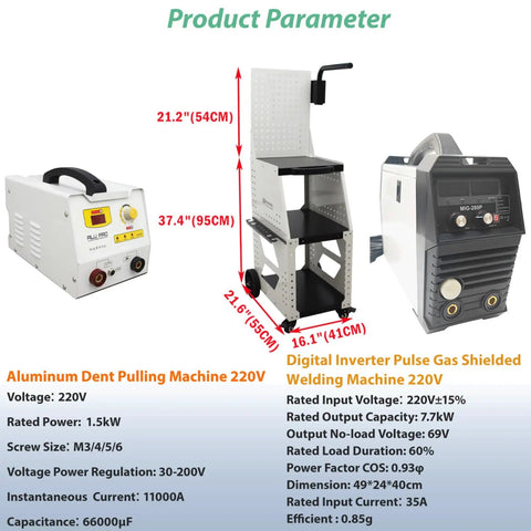 Two In One Aluminum Dent Pulling And Spot Welding Machine For Auto Body Repair 220V Inverter Pulse Gas Shielded Welder With M3 To M6 Studs Digital Control Durable Cart Included showing dimensions and specifications
