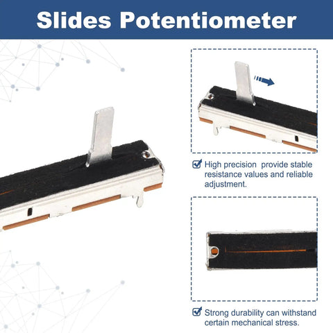 Straight Linear Slide Potentiometer 7 Pin B10K 60mm Long With 45mm Travel And 4x12.2mm Handle Faders close-up view
