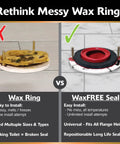 Comparison of wax ring vs No Wax No Mess Toilet Seal With Hardware Universal Fit For All Flanges And Floor Heights Easy Install Leak Proof Repositionable Toilet Bowl Ring For 3 And 4 Inch Drains Made In USA Red on gray tile floor.