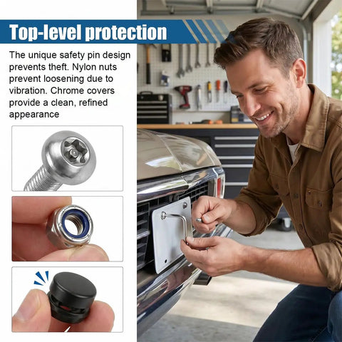 Man installing Heavy Duty Stainless Steel Anti Theft License Plate Screws Kit with tamper resistant bolts and locking caps.