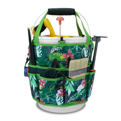Five-Gallon Bucket Tool Organizer With 18 Pocket Garden Caddy And Hangable Handle, floral print with tools in pockets