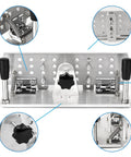 Hefty Aluminum Belt Sander Knife Jig Featuring Smooth Adjustable Angle Grinding Guide showing detailed parts and adjustments for tool sharpening.
