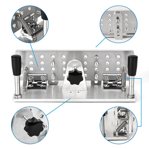 Hefty Aluminum Belt Sander Knife Jig Featuring Smooth Adjustable Angle Grinding Guide showing detailed parts and adjustments for tool sharpening.