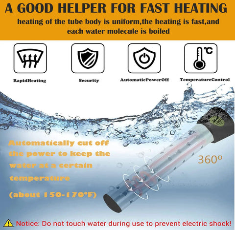 Illustration of Immersion Water Heater 1500W With 304 Stainless Steel Cover Smart Temperature Control And Digital LCD Thermometer with water resistance and safety features.