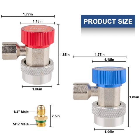 Two R134a automotive A/C refrigerant adapter fittings with red and blue caps, knurled metal bodies (2-pack).