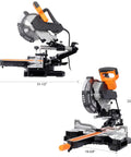Straight Shooting 10 Inch Sliding Compound Miter Saw Featuring Quick Release Extension Shelf and Smooth 0 To 45 Dual Bevel Pivot.