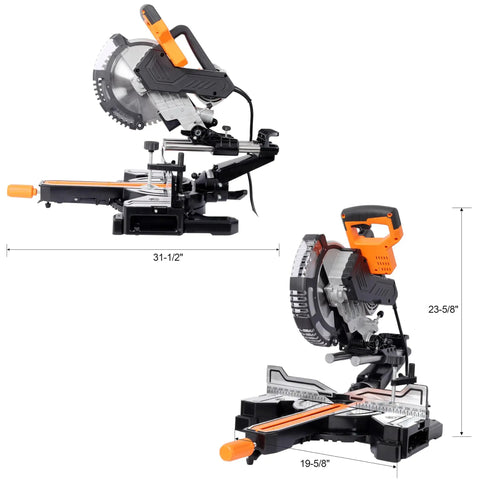 Straight Shooting 10 Inch Sliding Compound Miter Saw Featuring Quick Release Extension Shelf and Smooth 0 To 45 Dual Bevel Pivot.