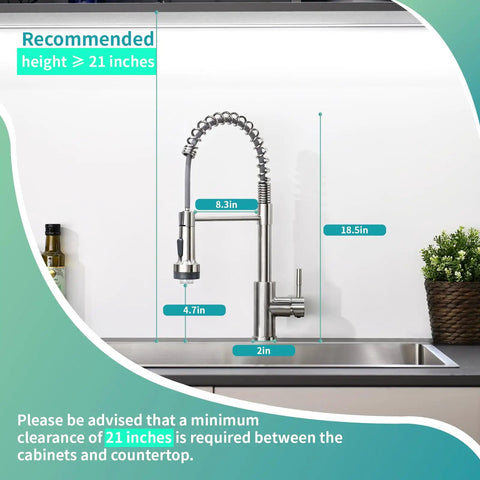 Single Hole Stainless Steel Kitchen Faucet With Pull Down Sprayer And LED Temperature Indicator, side view with dimensions