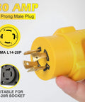 Nema L14 To 14 50 R Adapter For Ev And Rv Setup Twist Lock Generator Power Cord Connector showing 30 amp 3 prong male plug.