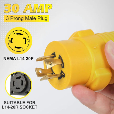 Nema L14 To 14 50 R Adapter For Ev And Rv Setup Twist Lock Generator Power Cord Connector showing 30 amp 3 prong male plug.