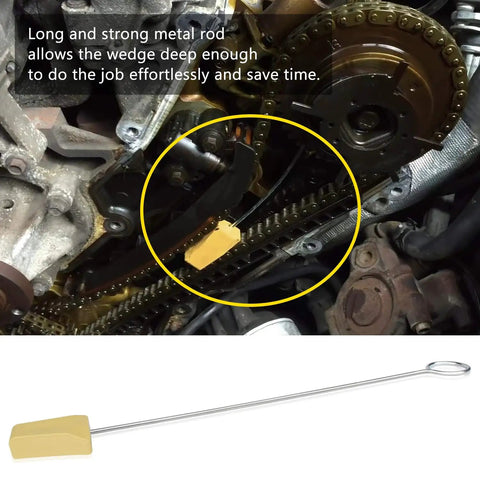 Timing Chain Locking Wedge Tool For Ford 5.4L 4.6L 3V Engines inserted in engine for camshaft and cam phaser maintenance.