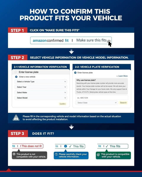 Guide on confirming product fit for your vehicle with Amazon's fit feature and vehicle information verification steps.