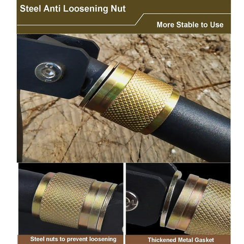 Close-up of steel anti loosening nut on foldable pickaxe hoe, highlighting durability and stability features.