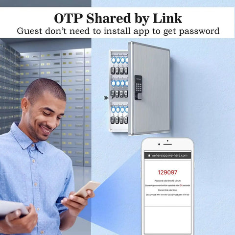 Man using phone near 72 Key Lockbox With Smart Lock And Combo Lock, Wall Mount Key Organizer Lockbox, OTP App And Fixed Code Unlock