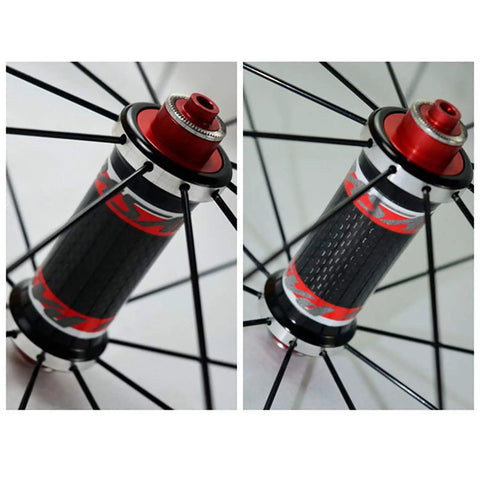 Close-up of hub on 700C Road Wheelset With 30mm Aluminum Double Wall Rims, Quick Release Front 100mm Rear 130mm, Matte Black, CV Brake Compatible