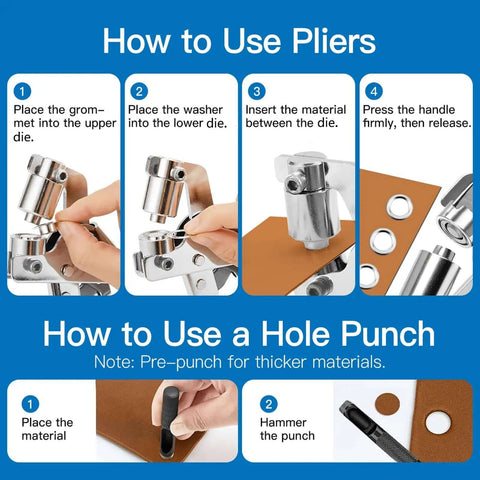 Instructions for using the Heavy Duty Grommet Tool Kit With One Quarter Inch And Three Eighths Inch Punch Pliers