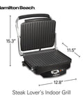 Hamilton Beach Steak Lover Electric Indoor Grill with nonstick surface, dimensions 15.3x12.8x11.5 inches, compact for kitchen use.