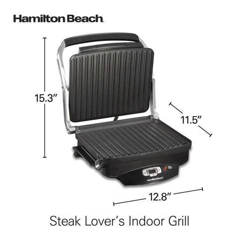 Hamilton Beach Steak Lover Electric Indoor Grill with nonstick surface, dimensions 15.3x12.8x11.5 inches, compact for kitchen use.