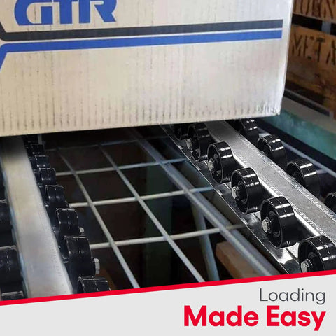 Box on Heavy Duty Roller Conveyor System With Galvanized Steel Rails And Staggered Skate Wheels For Pallets And Cargo On Trucks And Trailers